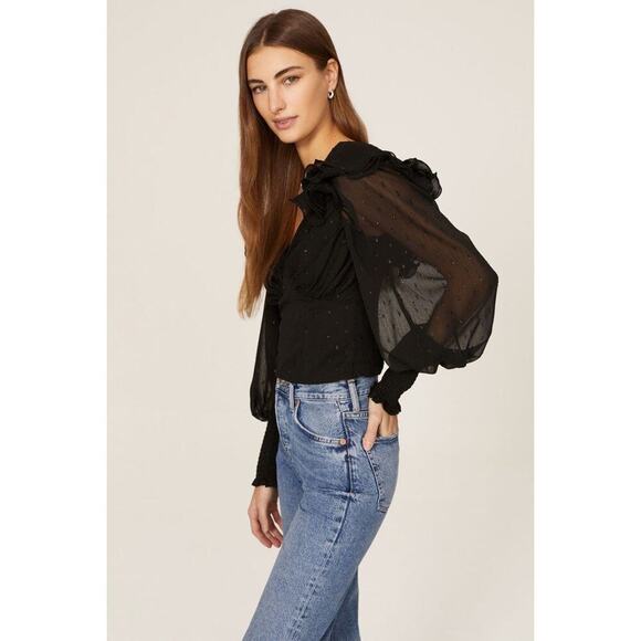 Hutch Women's Black Long Balloon Sleeves Reni Ruffles Metallic Top Size L - Picture 2 of 11